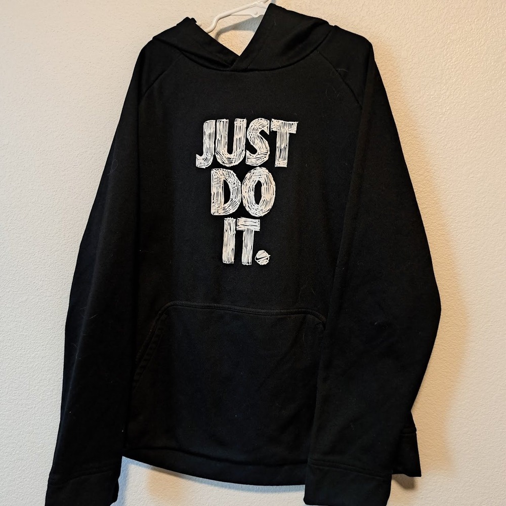 Nike Boys Dri-FIT Just Do It Hoodie Black Graphic Pullover Sweatshirt XL Kids